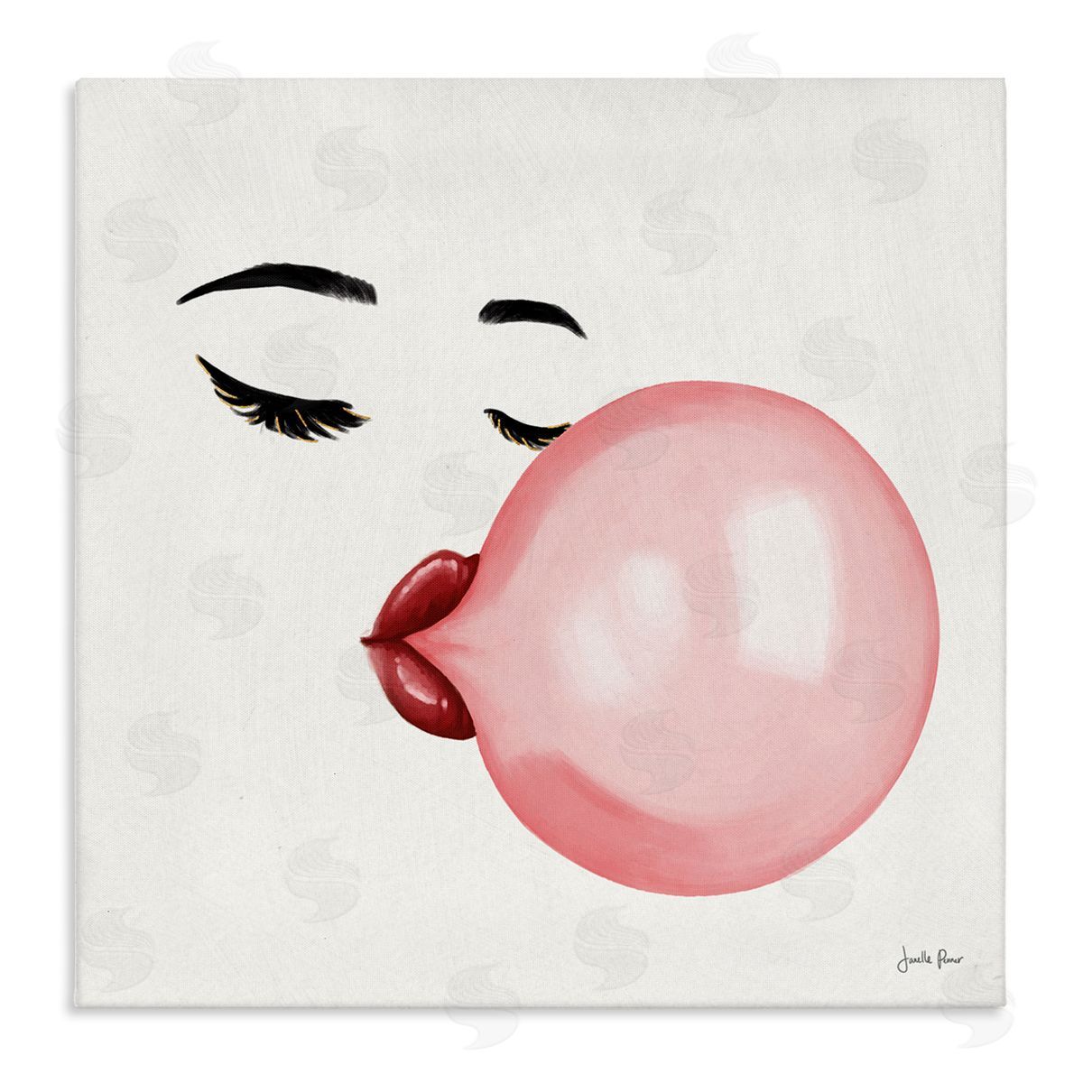 Janelle Penner Glamorous Face Blowing Bubble Gum Bold Lips Stretched Canvas Wall Art Print