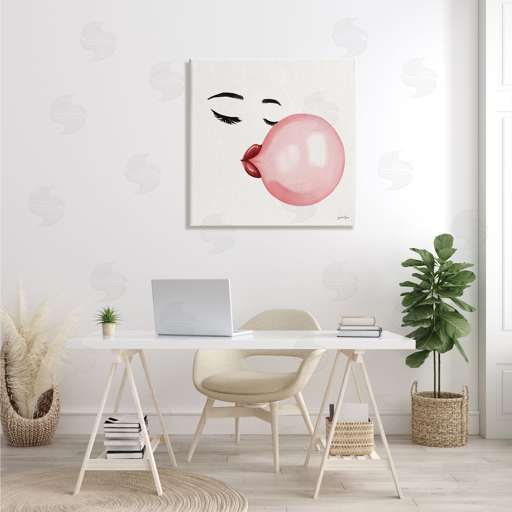 Janelle Penner Glamorous Face Blowing Bubble Gum Bold Lips Canvas Wall Art in Room
