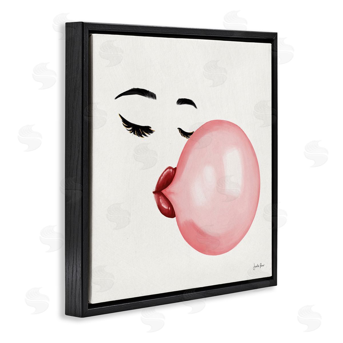Janelle Penner Glamorous Face Blowing Bubble Gum Bold Lips Black Floating Frame Canvas Wall Art Print