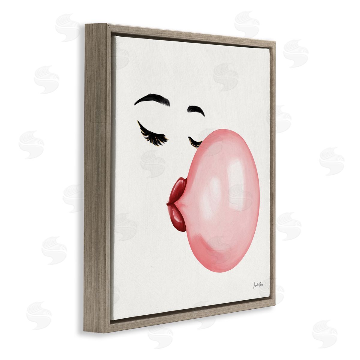 Janelle Penner Glamorous Face Blowing Bubble Gum Bold Lips Brown Floating Frame Canvas Wall Art Print