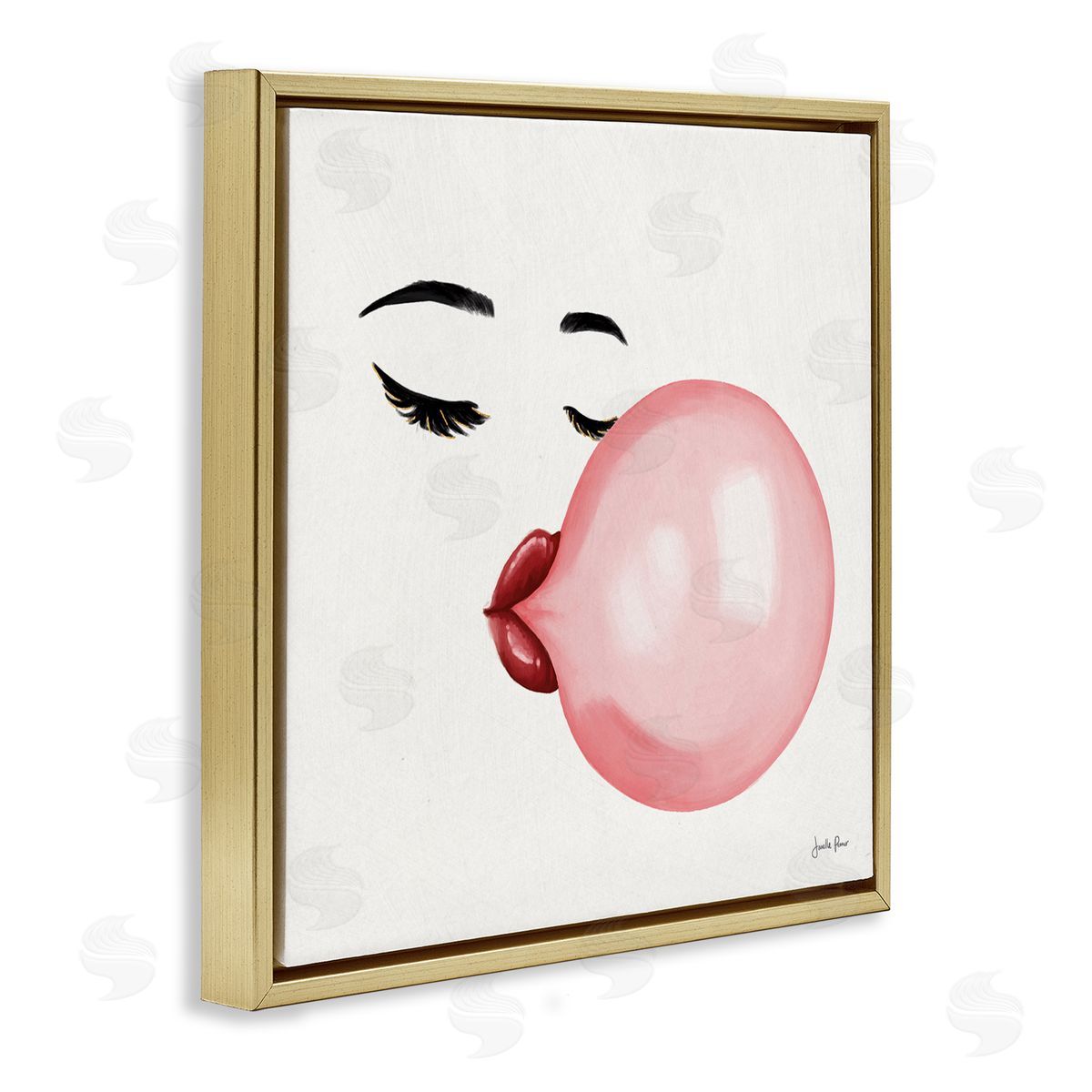 Janelle Penner Glamorous Face Blowing Bubble Gum Bold Lips Gold Floating Frame Canvas Wall Art Print