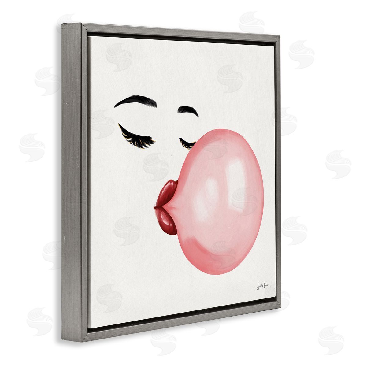Janelle Penner Glamorous Face Blowing Bubble Gum Bold Lips Gray Floating Frame Canvas Wall Art Print