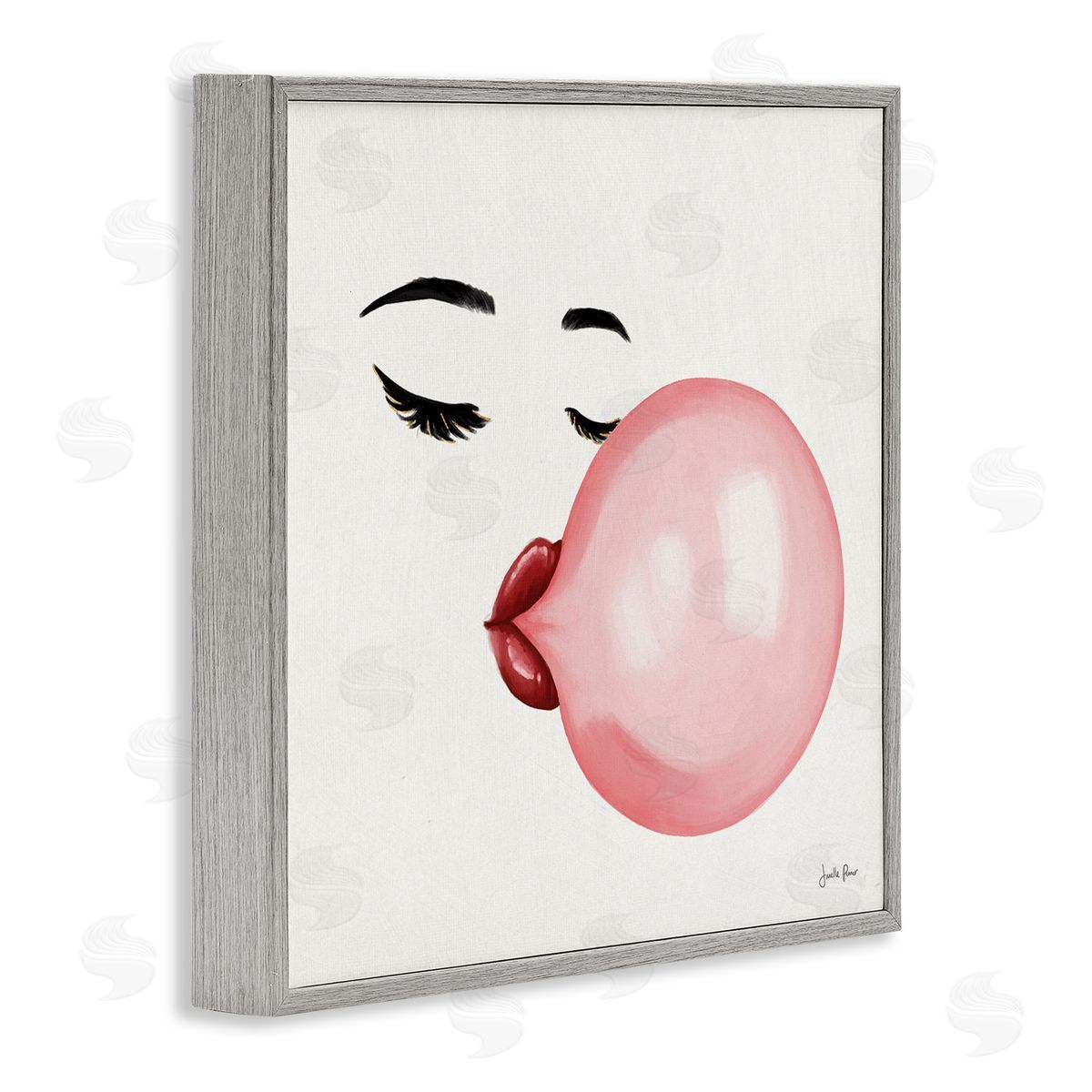 Janelle Penner Glamorous Face Blowing Bubble Gum Bold Lips Gray Framed Glicee Wall Art Print