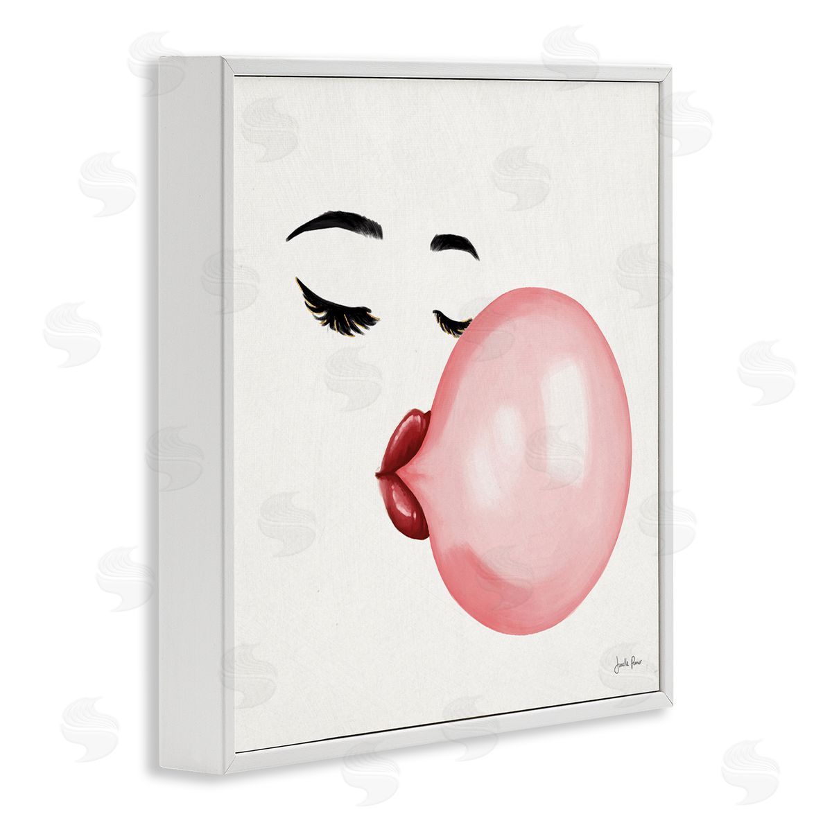 Janelle Penner Glamorous Face Blowing Bubble Gum Bold Lips White Framed Glicee Wall Art Print
