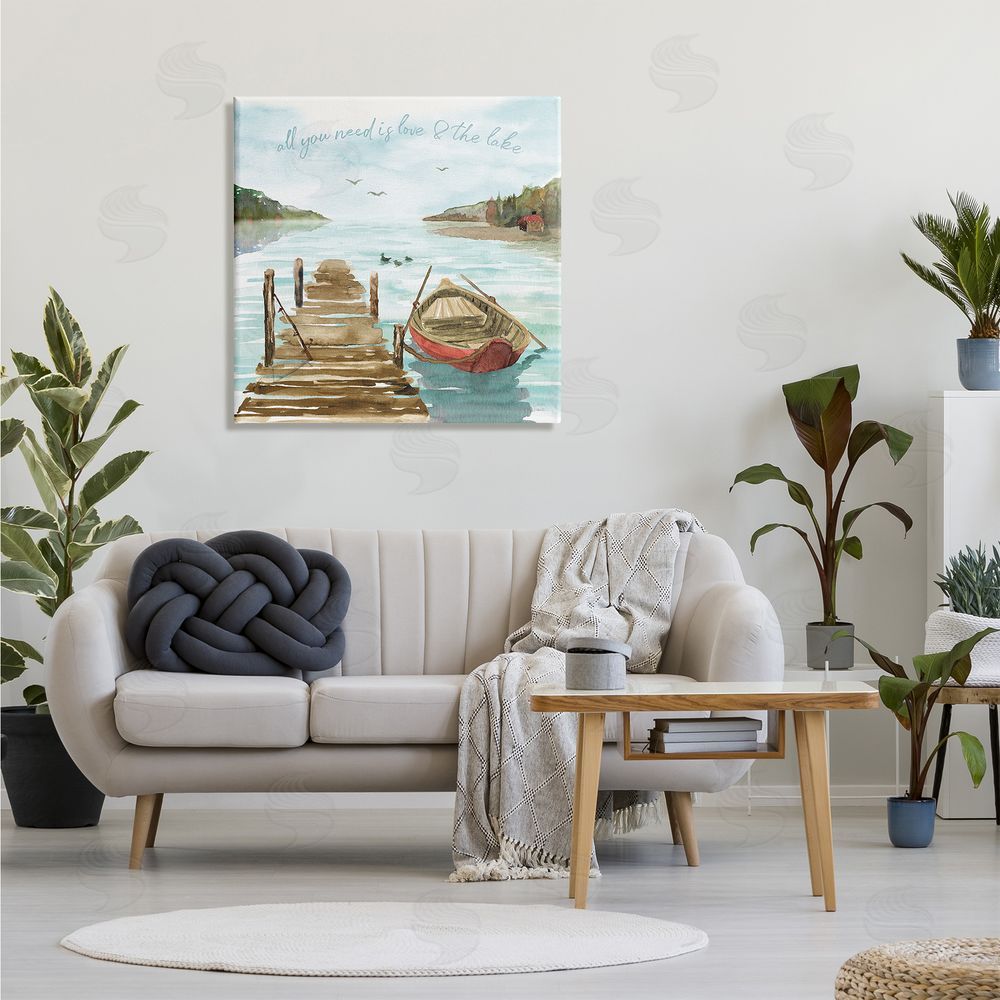 Dina June Love and The Lake Sentiment Boat Dock Landscape Canvas Wall Art in Room