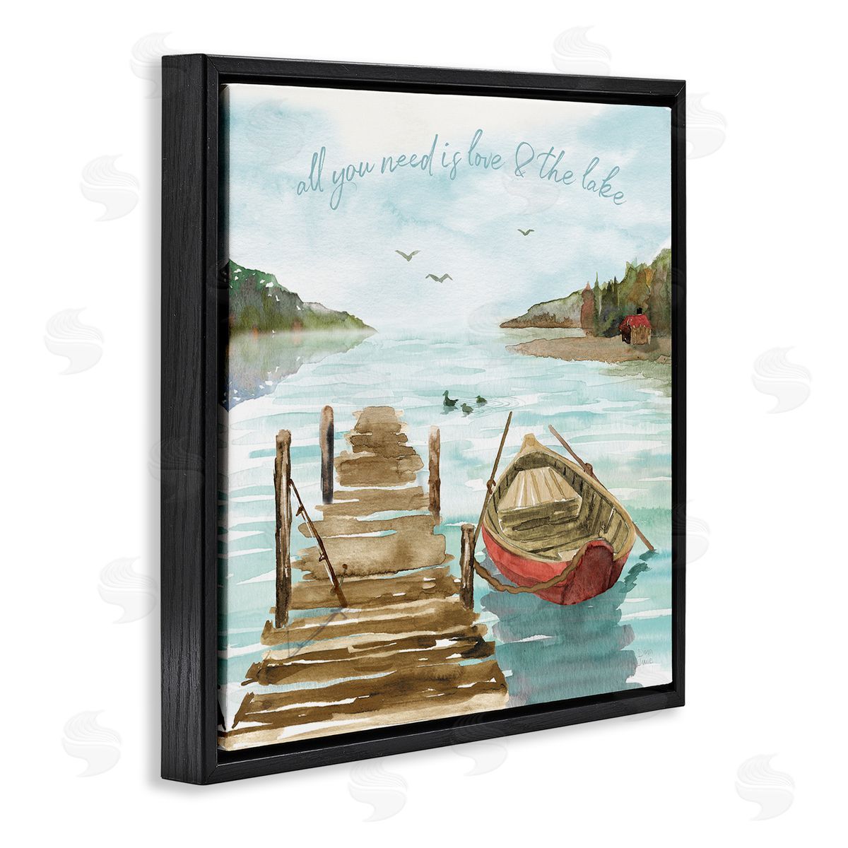 Dina June Love and The Lake Sentiment Boat Dock Landscape Black Floating Frame Canvas Wall Art Print