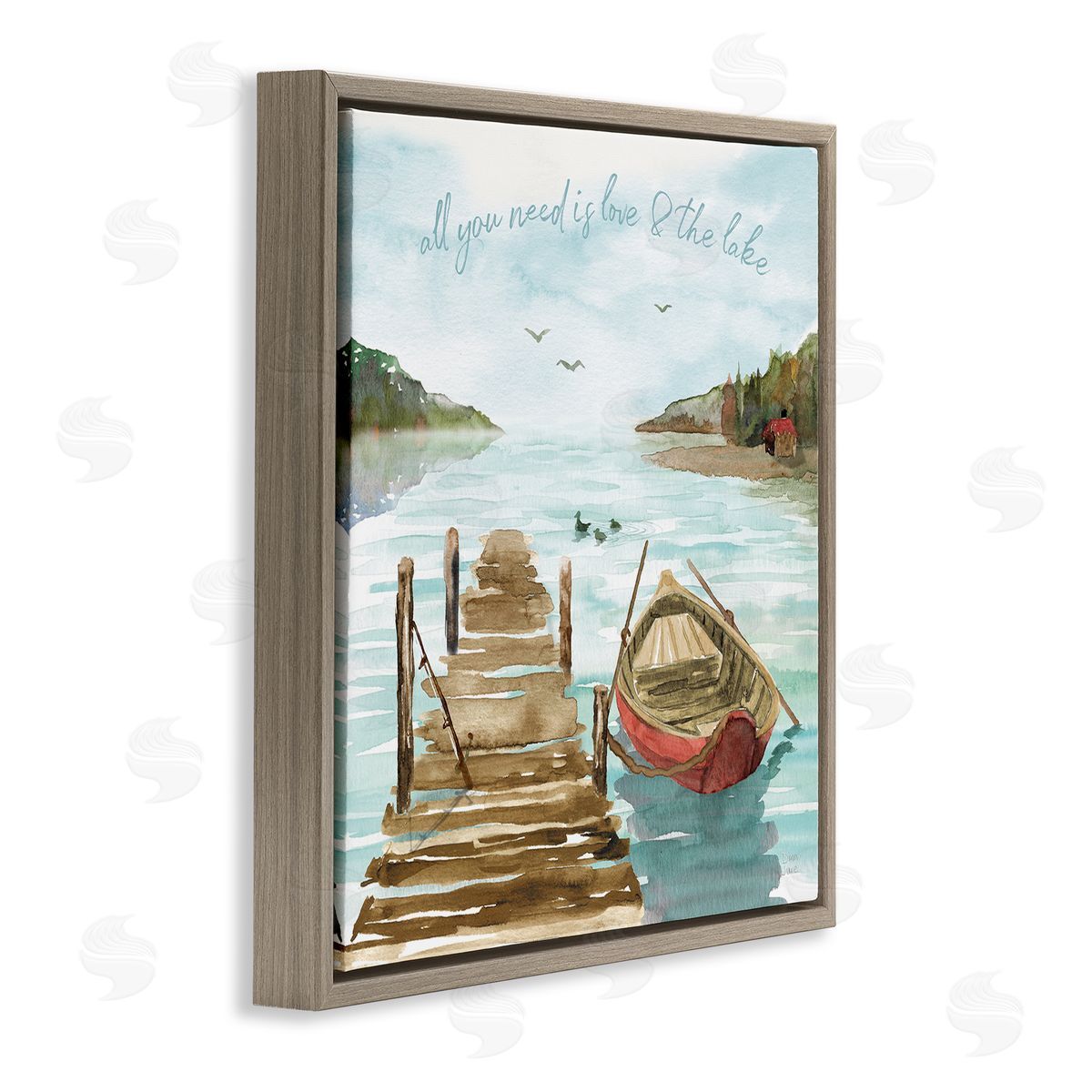 Dina June Love and The Lake Sentiment Boat Dock Landscape Brown Floating Frame Canvas Wall Art Print