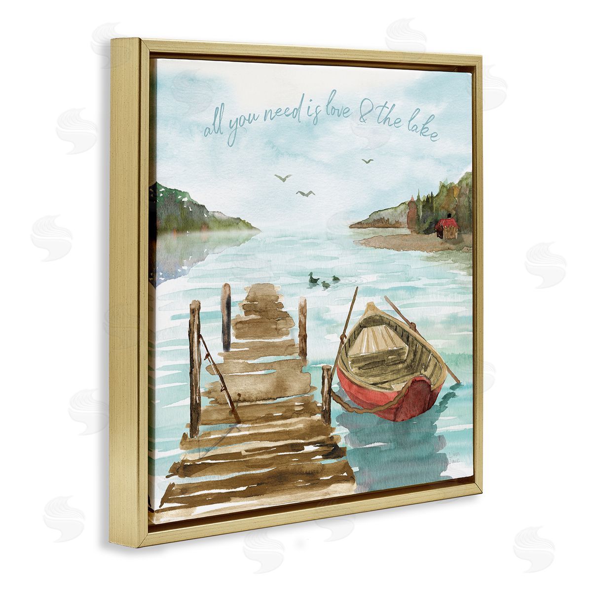 Dina June Love and The Lake Sentiment Boat Dock Landscape Gold Floating Frame Canvas Wall Art Print