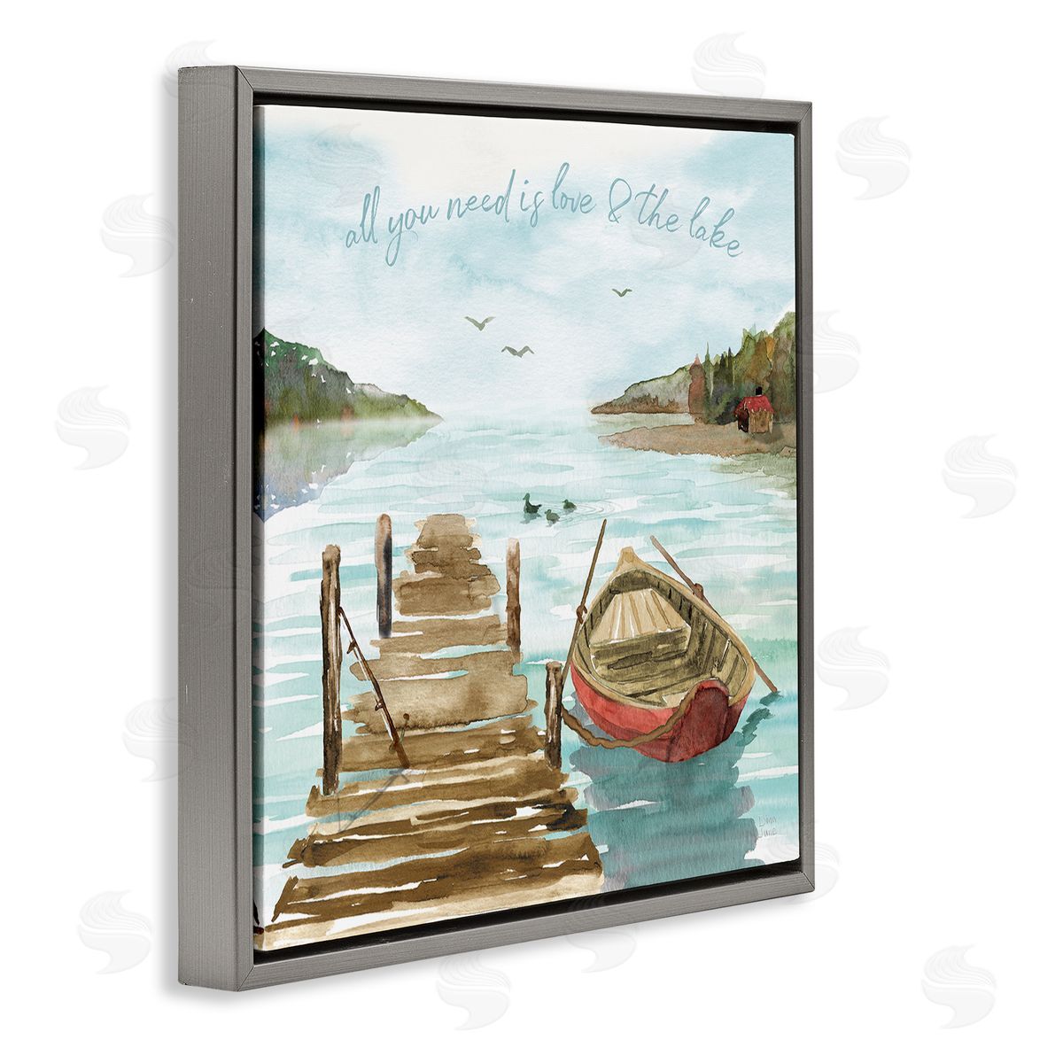 Dina June Love and The Lake Sentiment Boat Dock Landscape Gray Floating Frame Canvas Wall Art Print