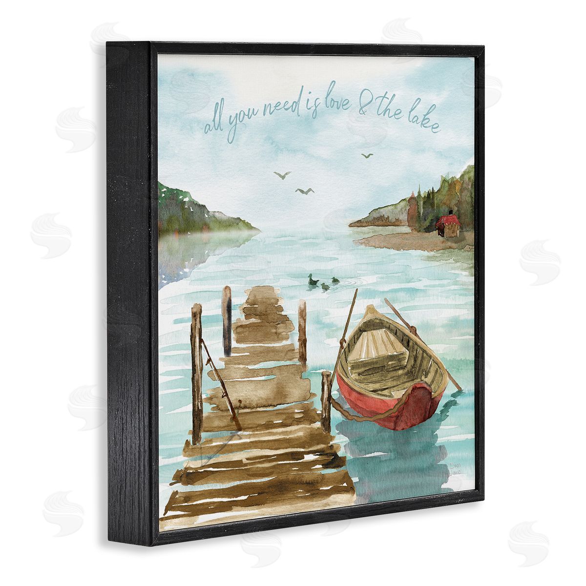 Dina June Love and The Lake Sentiment Boat Dock Landscape Black Framed Glicee Wall Art Print