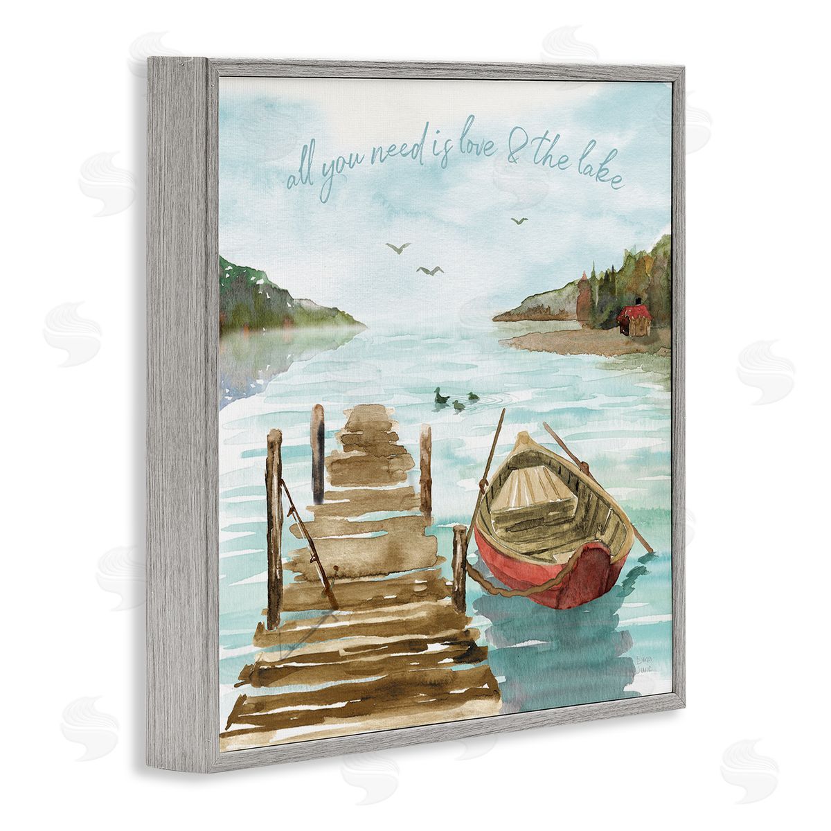 Dina June Love and The Lake Sentiment Boat Dock Landscape Gray Framed Glicee Wall Art Print