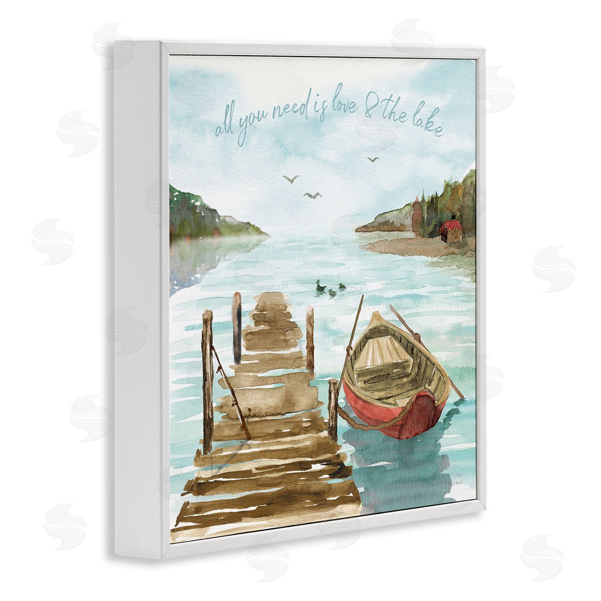 Dina June Love and The Lake Sentiment Boat Dock Landscape White Framed Glicee Wall Art Print