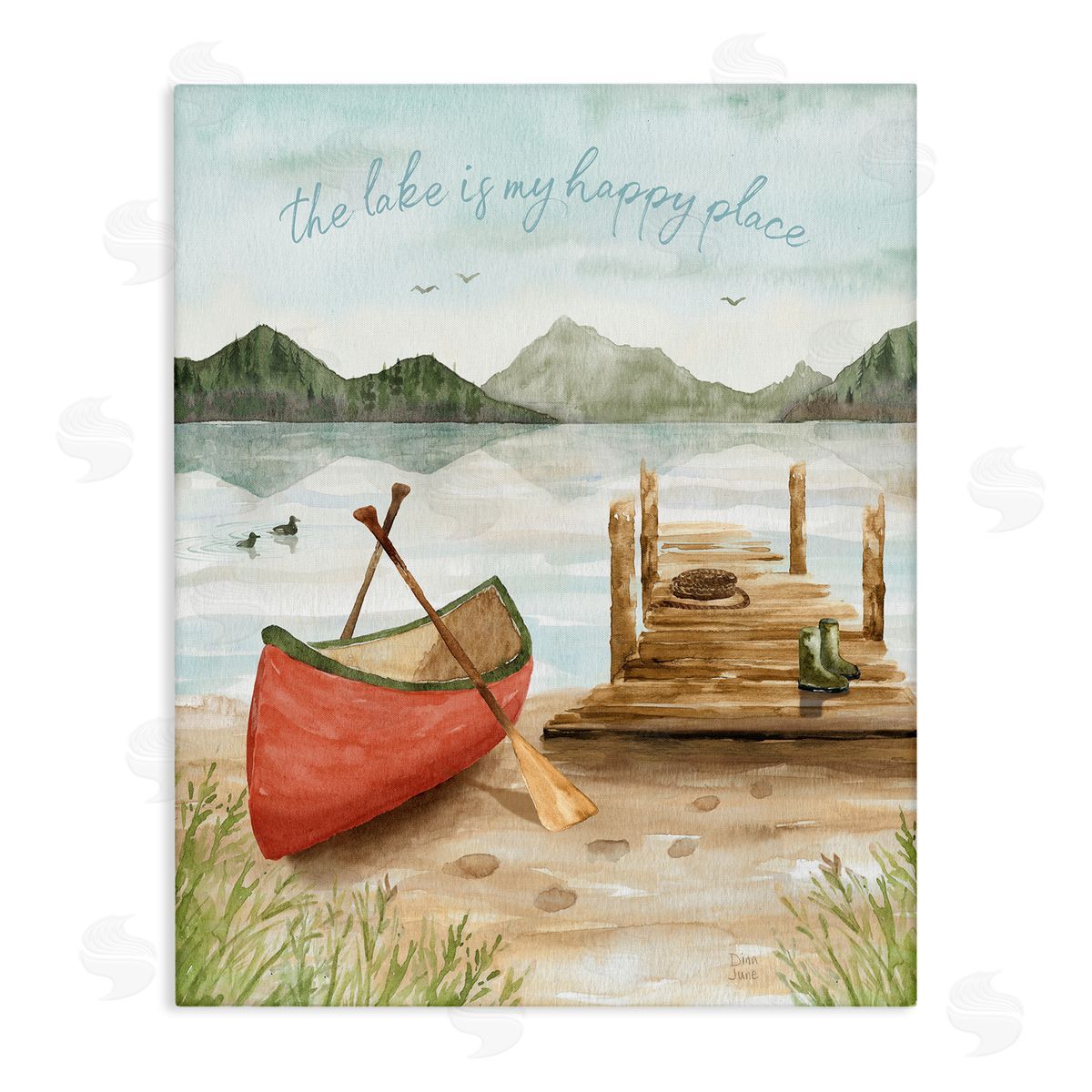 Dina June Lake's My Happy Place Phrase Boat Dock Landscape Stretched Canvas Wall Art Print