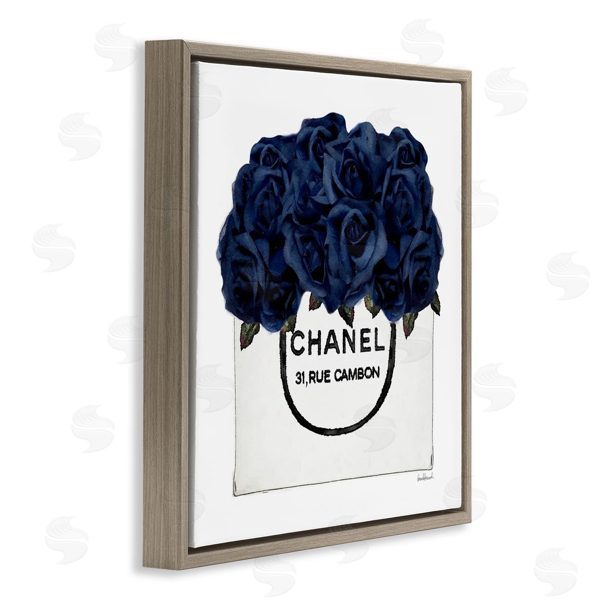 Trendy Chic Navy Blue Roses Brown Floating Frame Canvas Wall Art, Home Decor by Amanda Greenwood