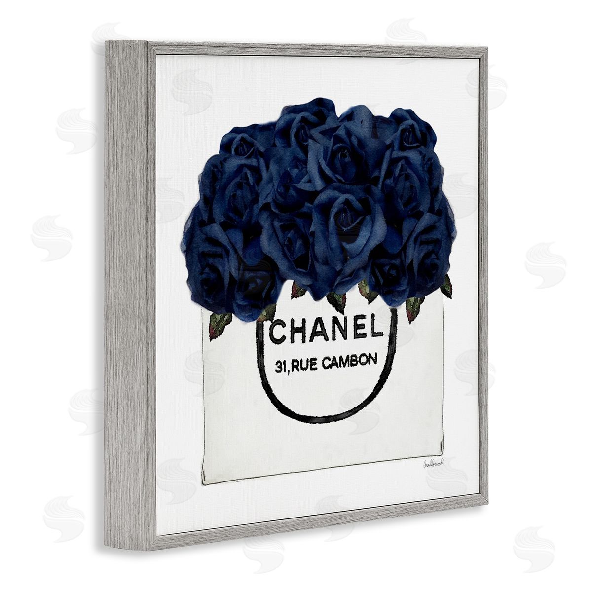 Trendy Chic Navy Blue Roses Grey Frame Print Wall Art, Home Decor by Amanda Greenwood