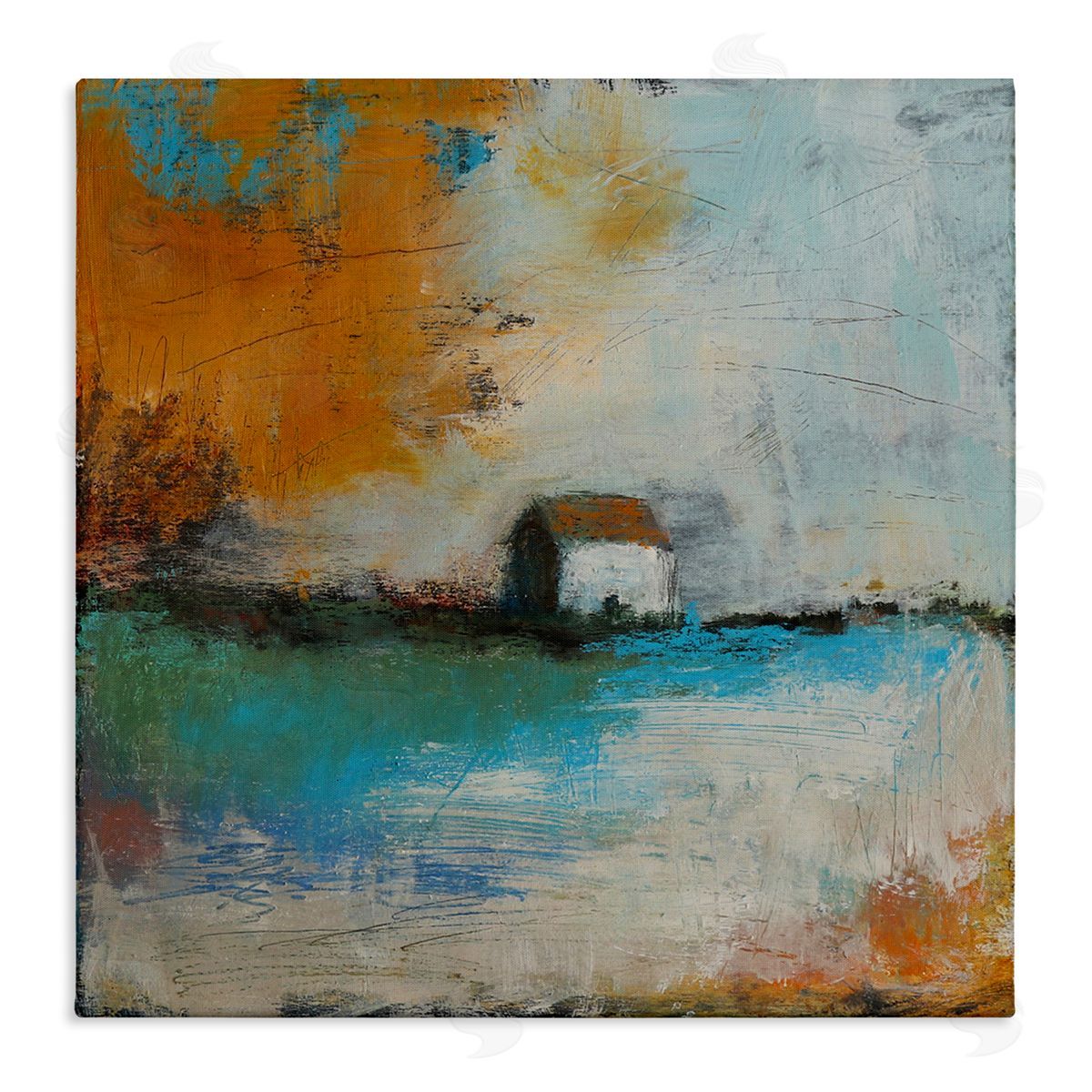 Judi Bagnato Abstract Country Farmhouse Landscape Orange Blue Sky Stretched Canvas Wall Art Print
