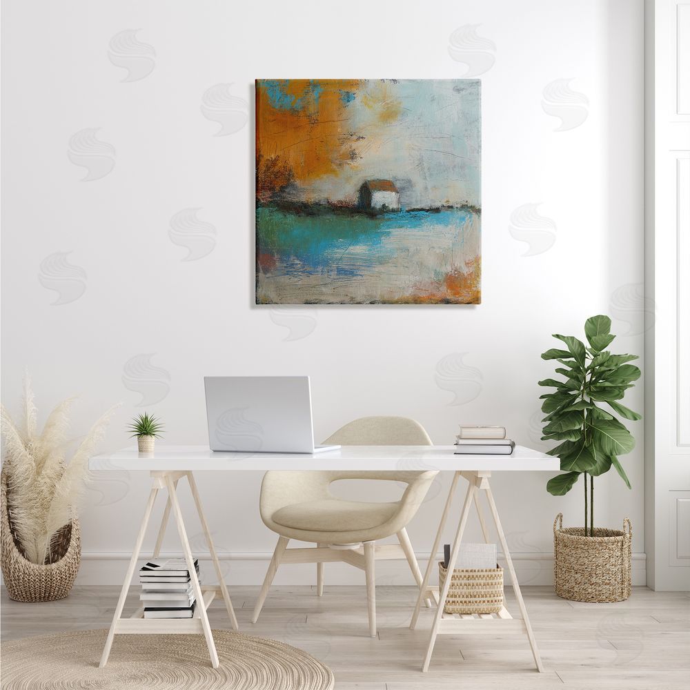Judi Bagnato Abstract Country Farmhouse Landscape Orange Blue Sky Canvas Wall Art in Room