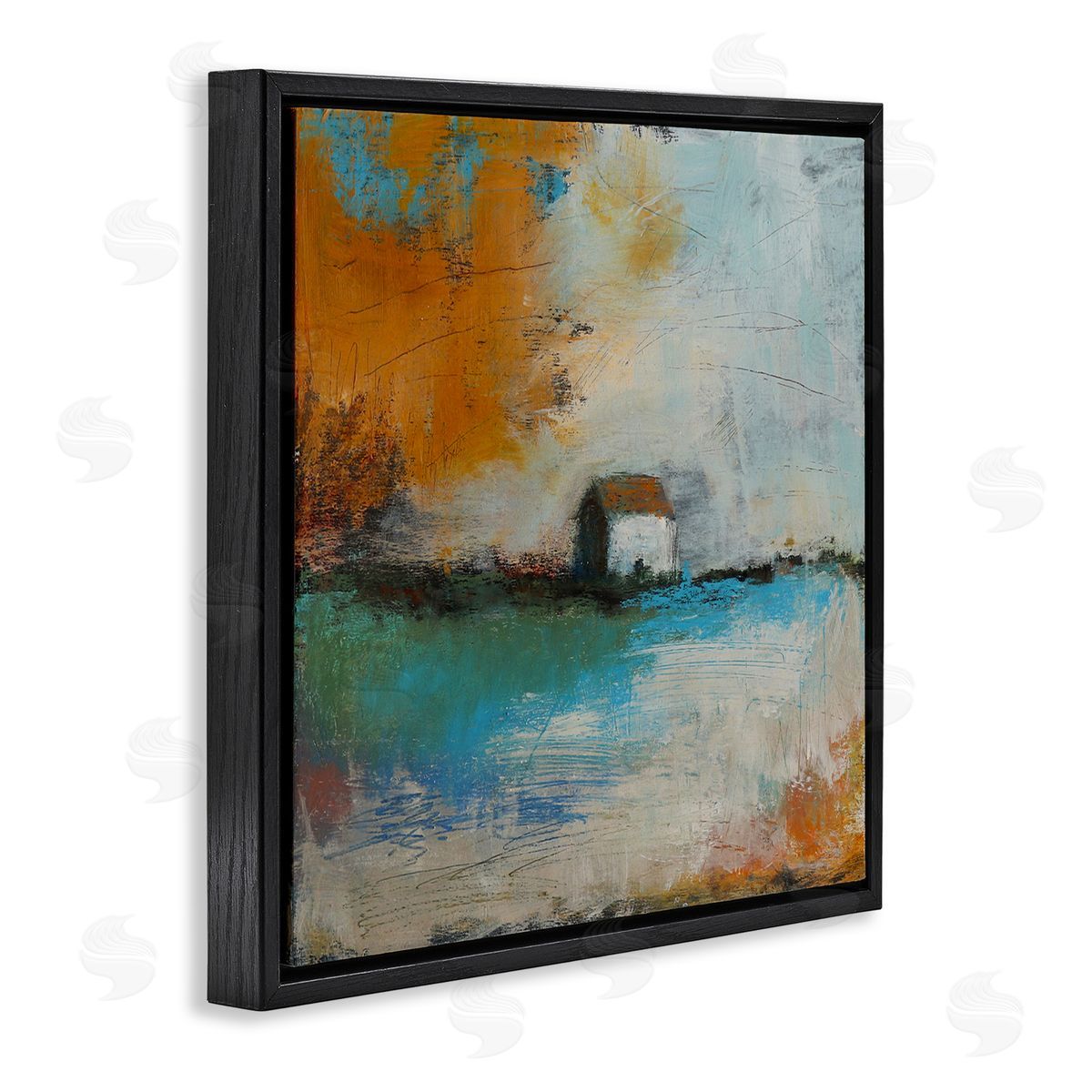 Judi Bagnato Abstract Country Farmhouse Landscape Orange Blue Sky Black Floating Frame Canvas Wall Art Print