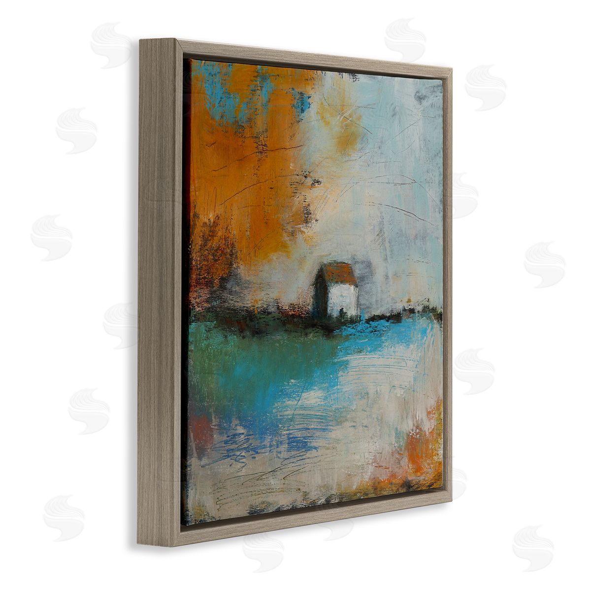 Judi Bagnato Abstract Country Farmhouse Landscape Orange Blue Sky Brown Floating Frame Canvas Wall Art Print