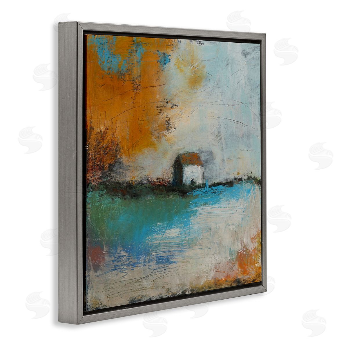 Judi Bagnato Abstract Country Farmhouse Landscape Orange Blue Sky Gray Floating Frame Canvas Wall Art Print