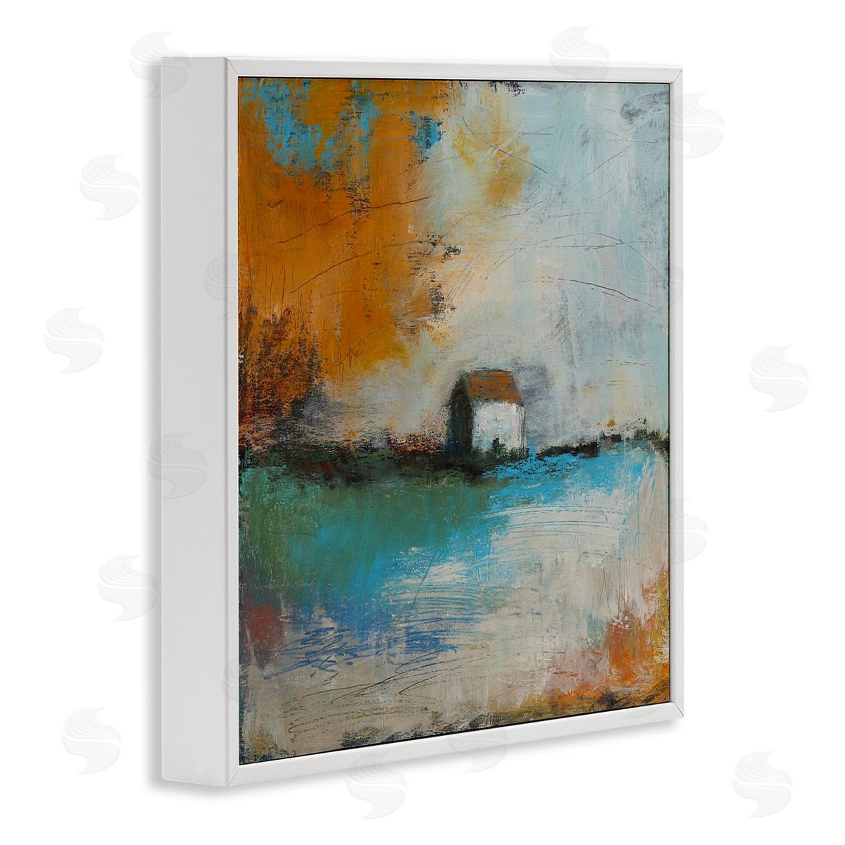 Judi Bagnato Abstract Country Farmhouse Landscape Orange Blue Sky White Framed Glicee Wall Art Print