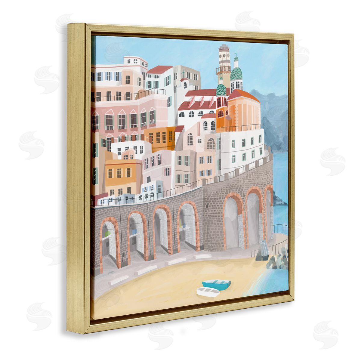 Carla Daly Atrani Architecture Seaside Italian City Buildings Gold Floating Frame Canvas Wall Art Print