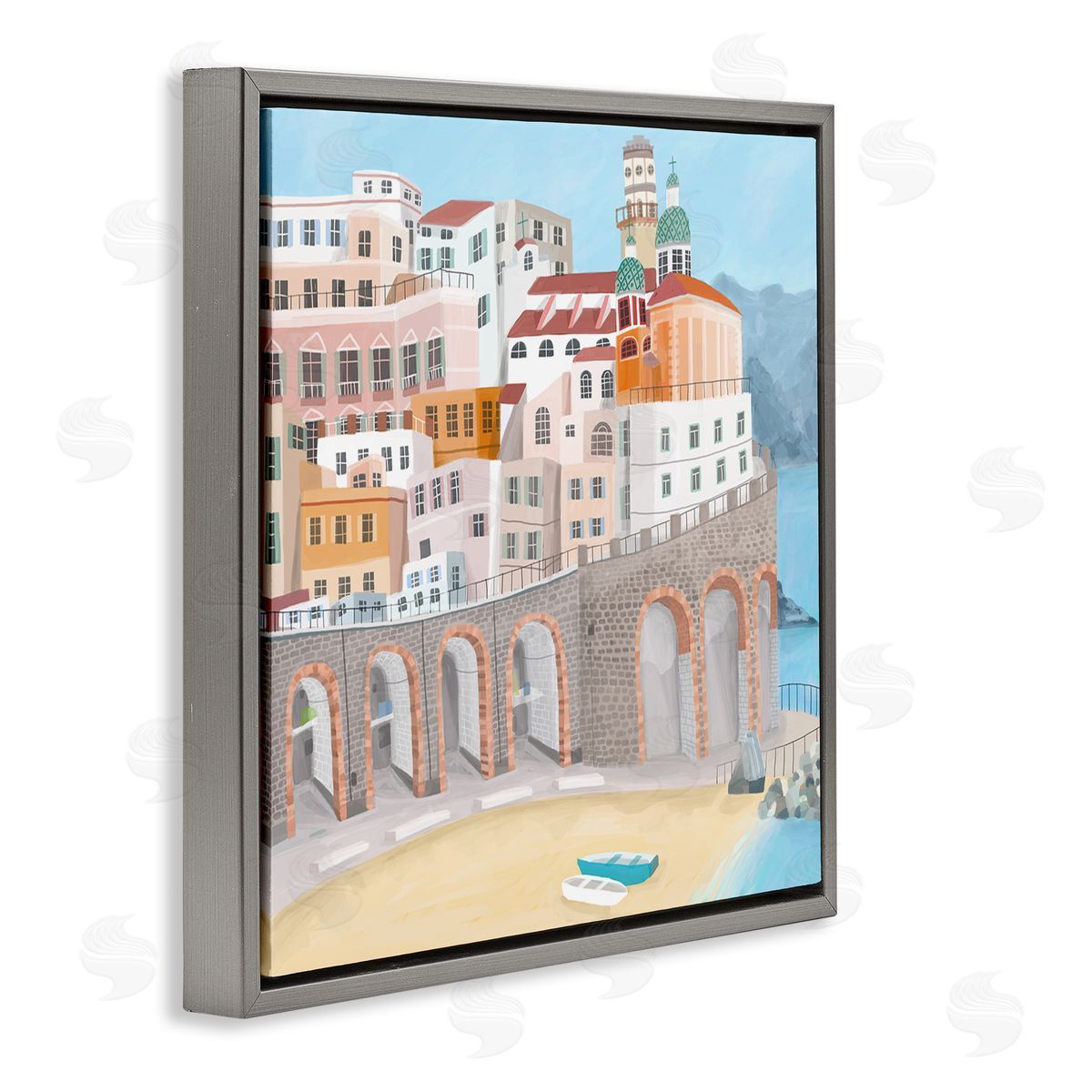 Carla Daly Atrani Architecture Seaside Italian City Buildings Gray Floating Frame Canvas Wall Art Print