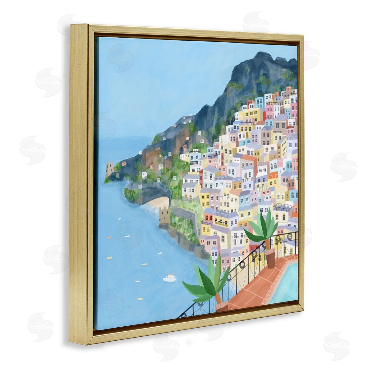 Carla Daly Positano Cliffside Coastal City Architecture Italian Buildings Gold Floating Frame Canvas Wall Art Print