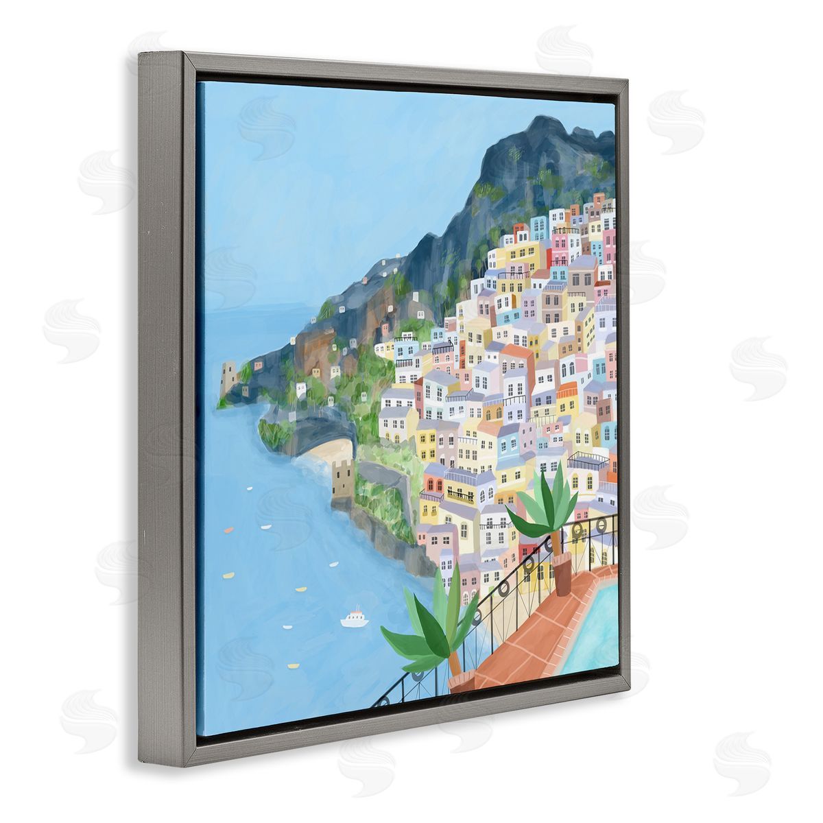Carla Daly Positano Cliffside Coastal City Architecture Italian Buildings Gray Floating Frame Canvas Wall Art Print