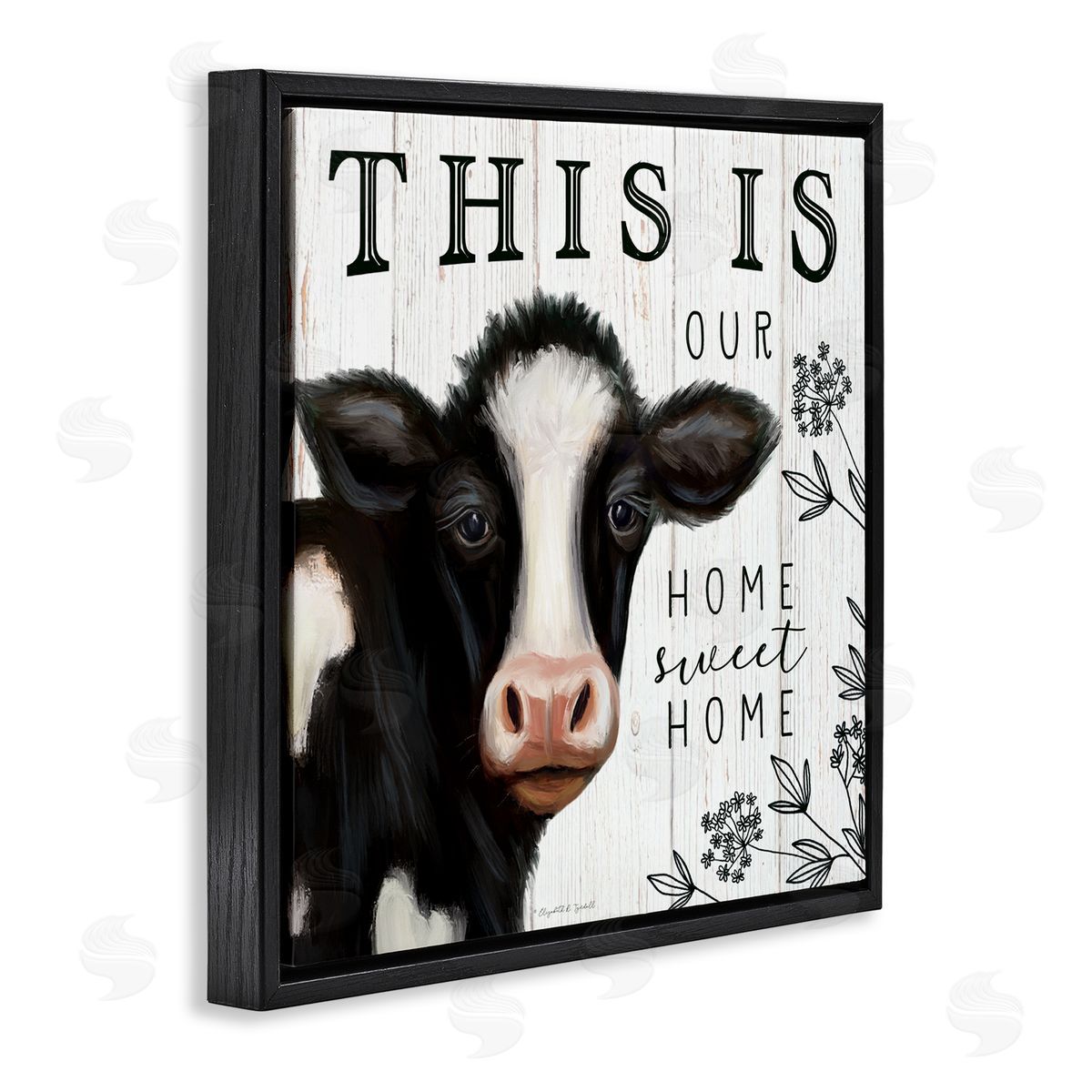 Elizabeth Tyndall Our Home Sweet Home Phrase Dairy Farm Cow Black Floating Frame Canvas Wall Art Print
