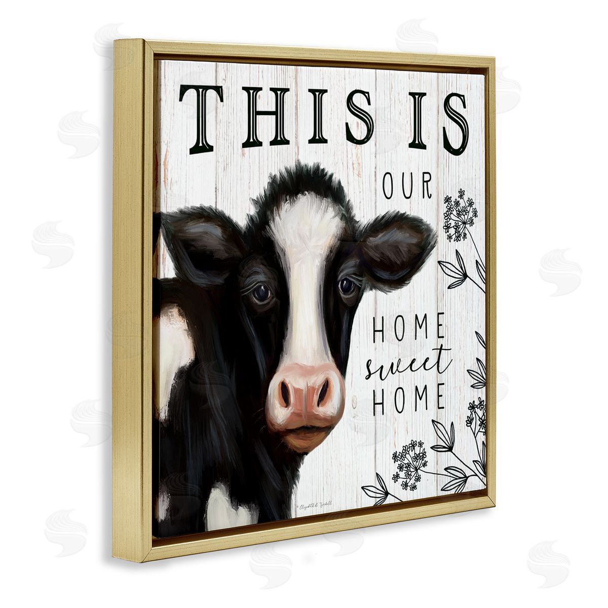 Elizabeth Tyndall Our Home Sweet Home Phrase Dairy Farm Cow Gold Floating Frame Canvas Wall Art Print