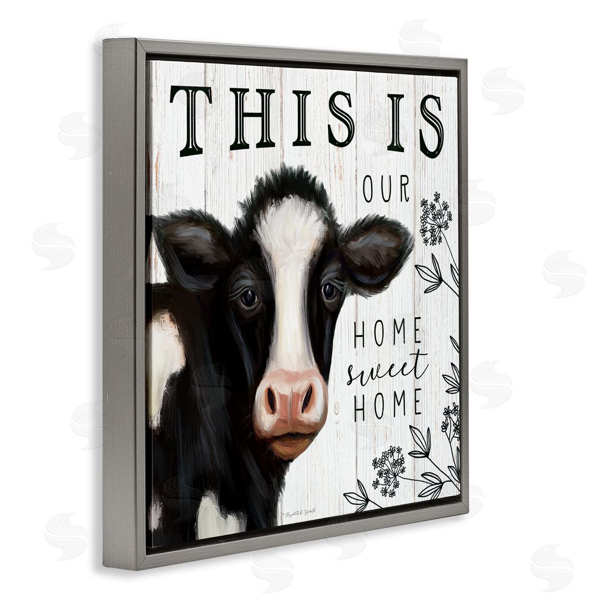 Elizabeth Tyndall Our Home Sweet Home Phrase Dairy Farm Cow Gray Floating Frame Canvas Wall Art Print