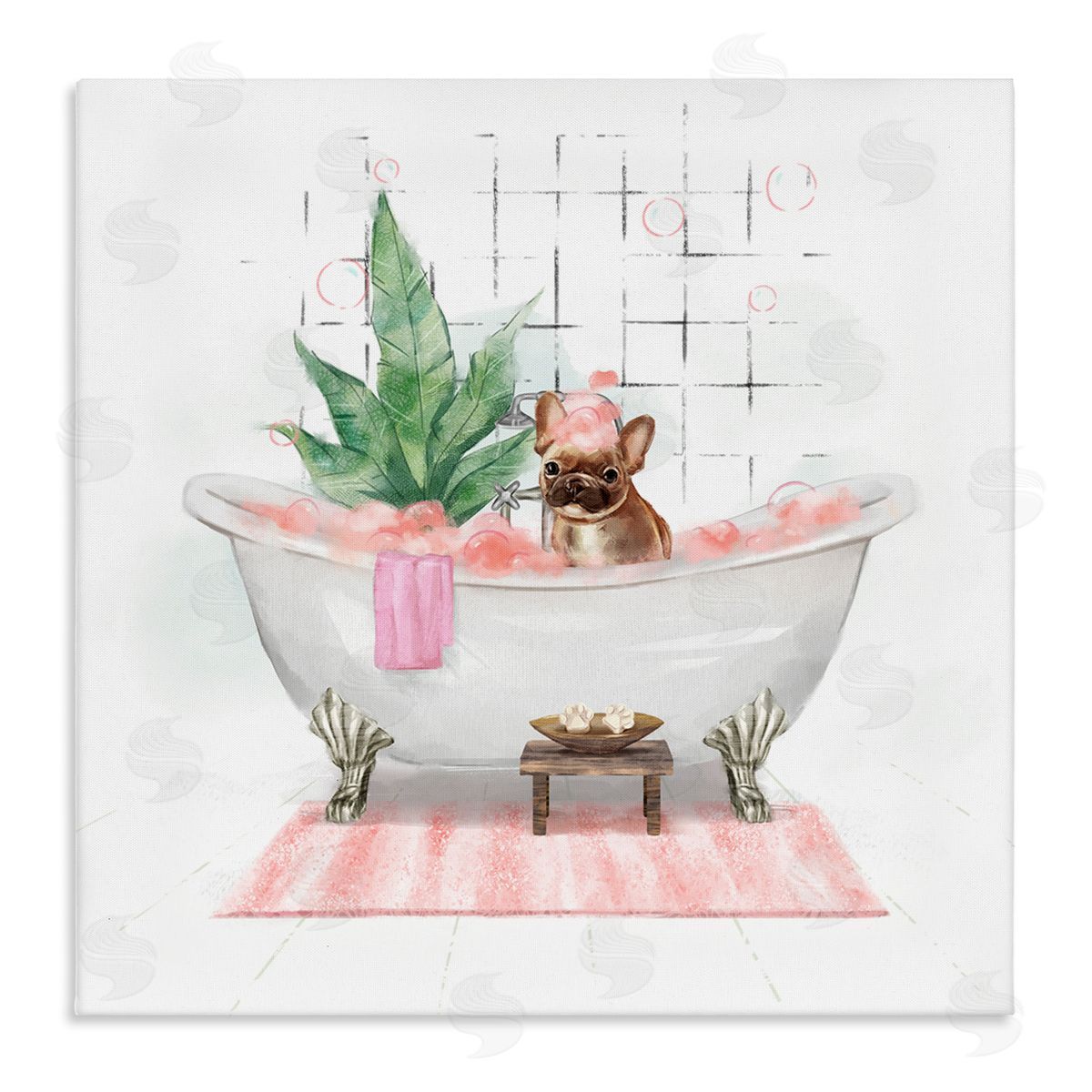 Ziwei Li Adorable French Bulldog in Pink Bubble Bath Stretched Canvas Wall Art Print