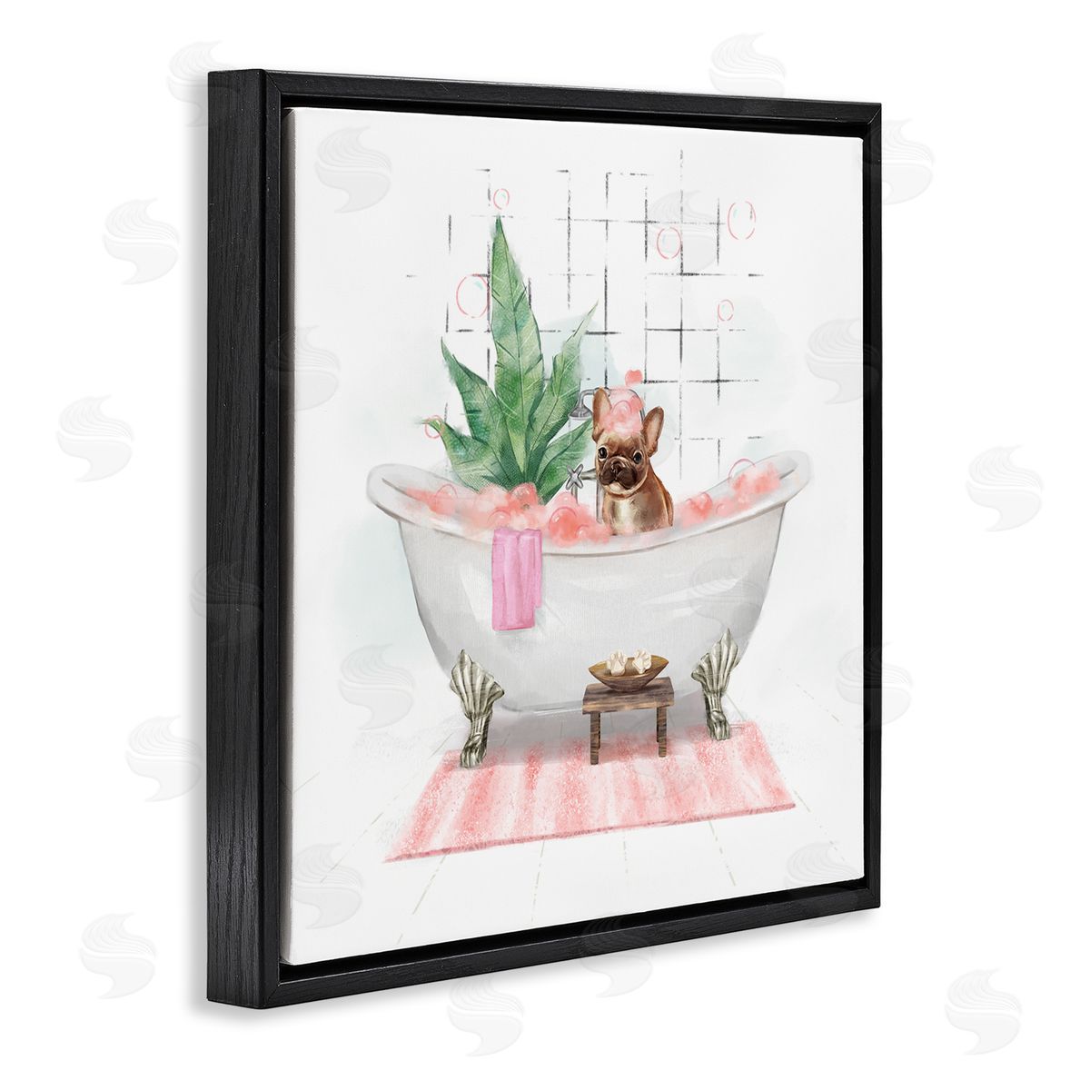 Ziwei Li Adorable French Bulldog in Pink Bubble Bath Black Floating Frame Canvas Wall Art Print