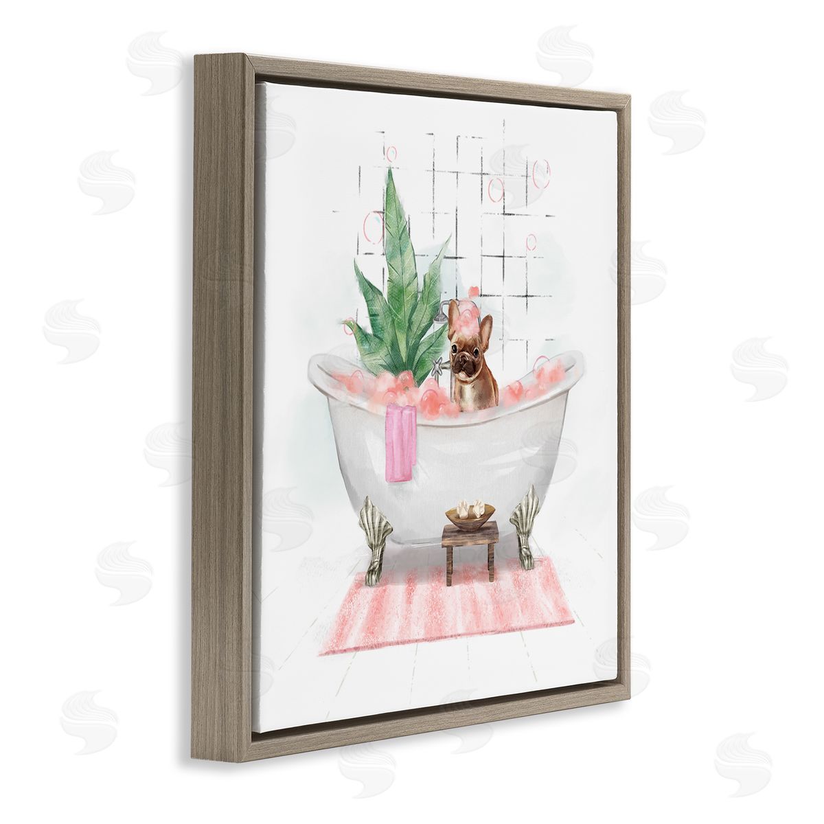 Ziwei Li Adorable French Bulldog in Pink Bubble Bath Brown Floating Frame Canvas Wall Art Print