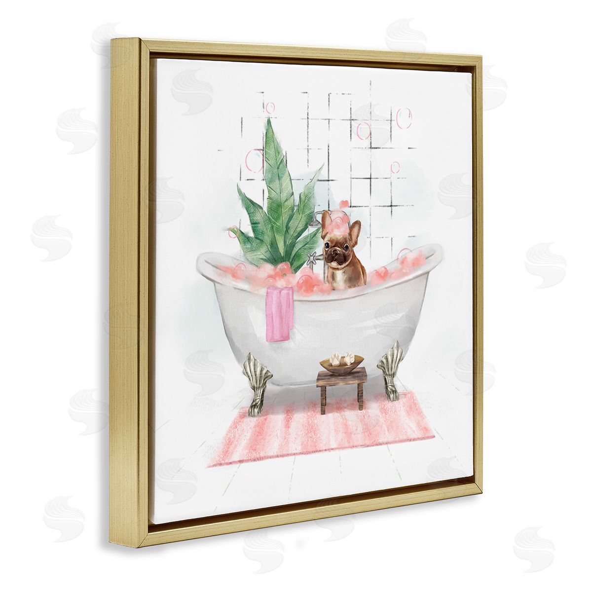 Ziwei Li Adorable French Bulldog in Pink Bubble Bath Gold Floating Frame Canvas Wall Art Print