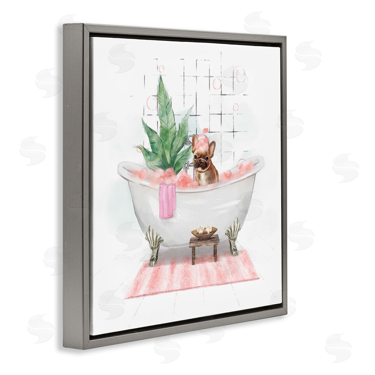 Ziwei Li Adorable French Bulldog in Pink Bubble Bath Gray Floating Frame Canvas Wall Art Print