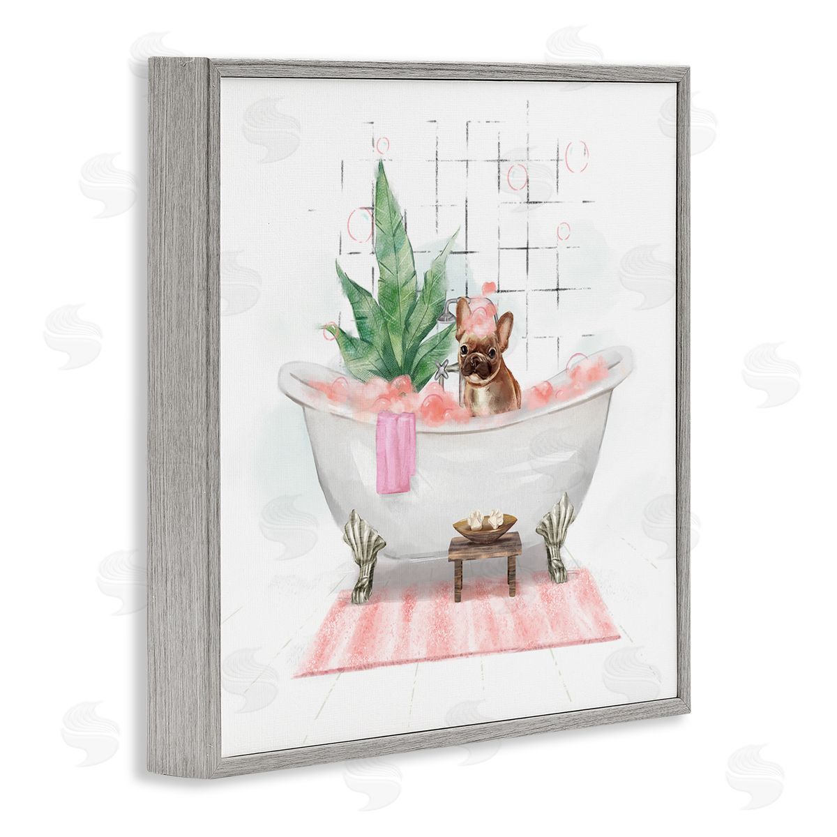 Ziwei Li Adorable French Bulldog in Pink Bubble Bath Gray Framed Glicee Wall Art Print