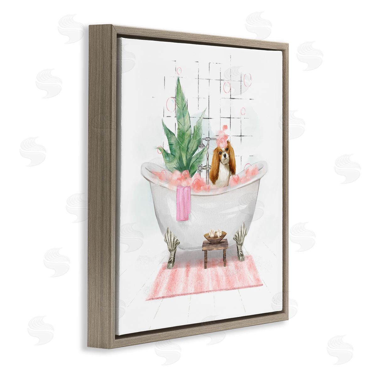 Ziwei Li Chic Cocker Spaniel Puppy in Pink Bubble Bath Brown Floating Frame Canvas Wall Art Print