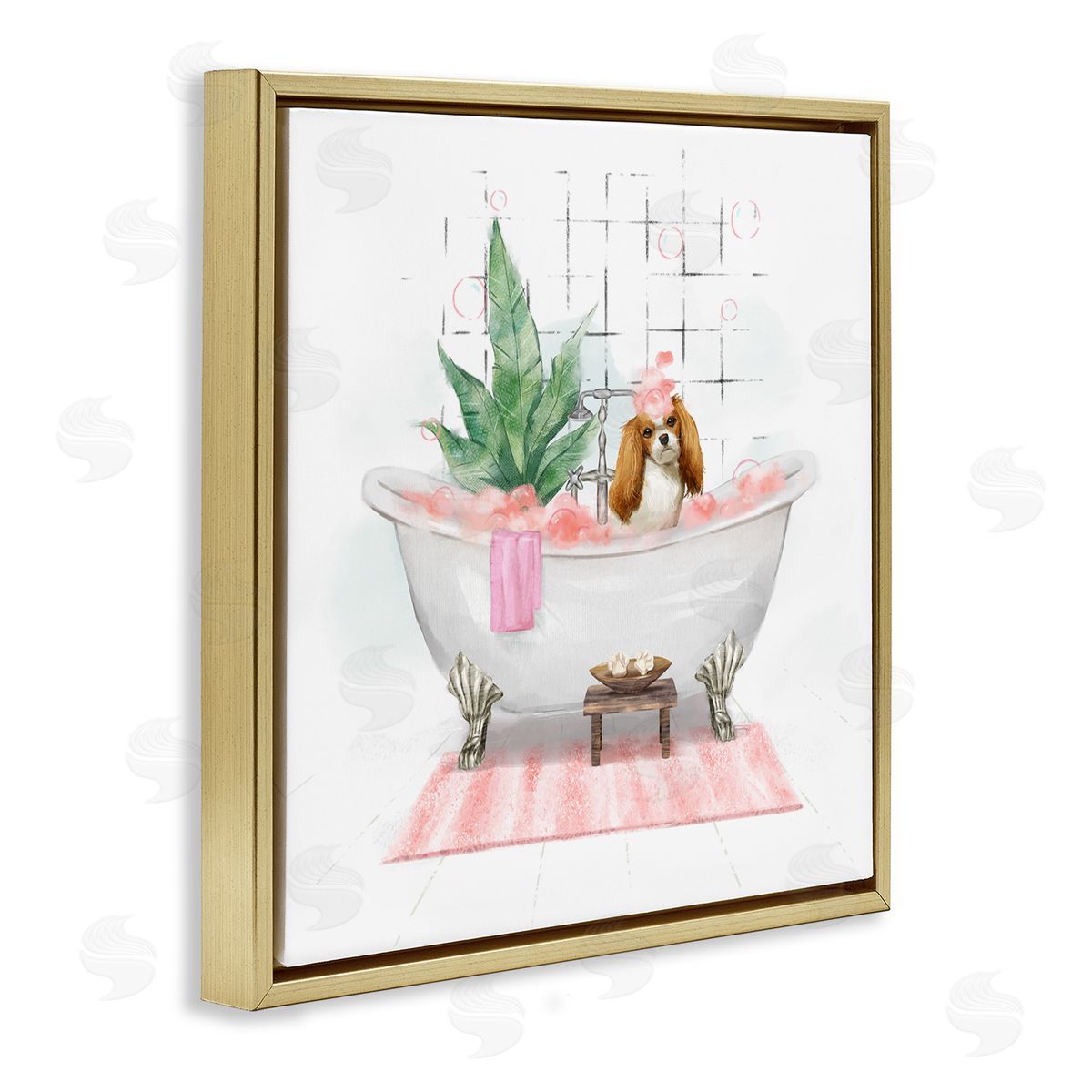 Ziwei Li Chic Cocker Spaniel Puppy in Pink Bubble Bath Gold Floating Frame Canvas Wall Art Print