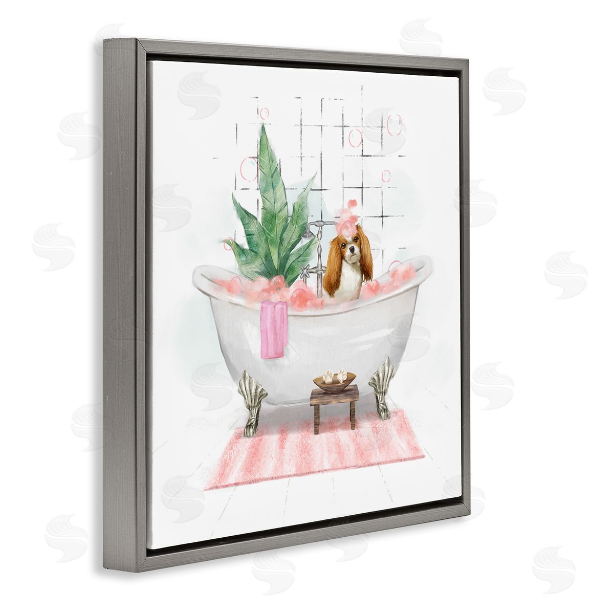 Ziwei Li Chic Cocker Spaniel Puppy in Pink Bubble Bath Gray Floating Frame Canvas Wall Art Print