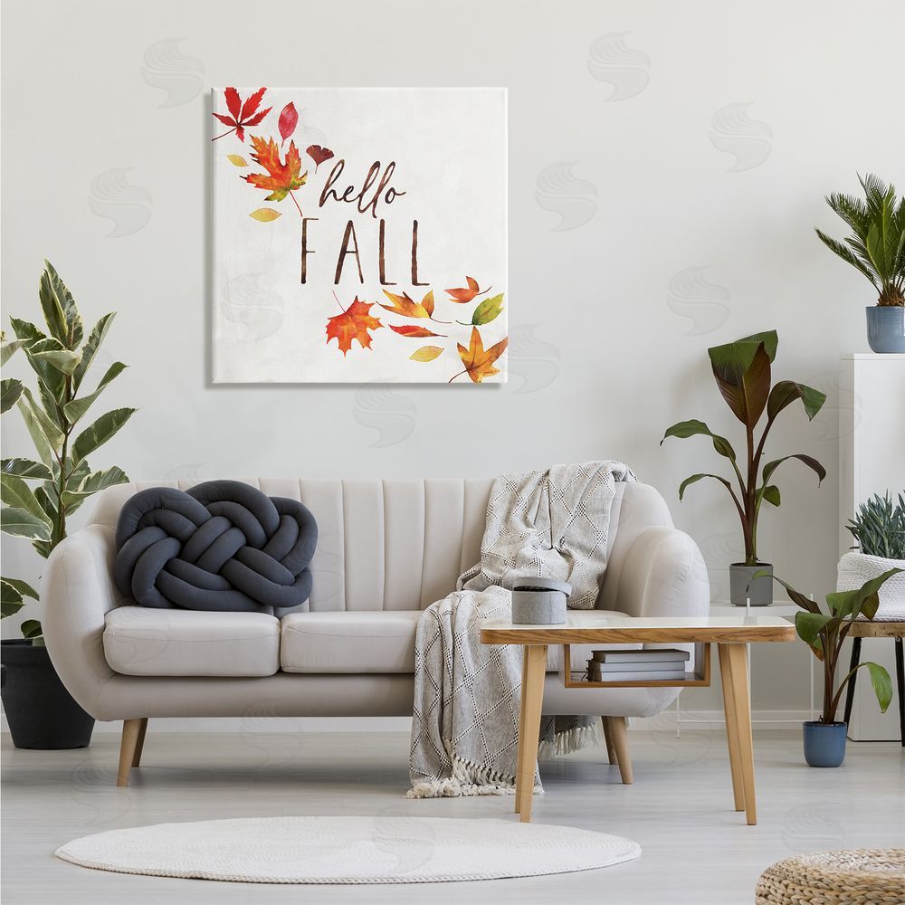 Nina Pierce Hello Fall Autumn Tree Leaves Seasonal Statement Canvas Wall Art in Room