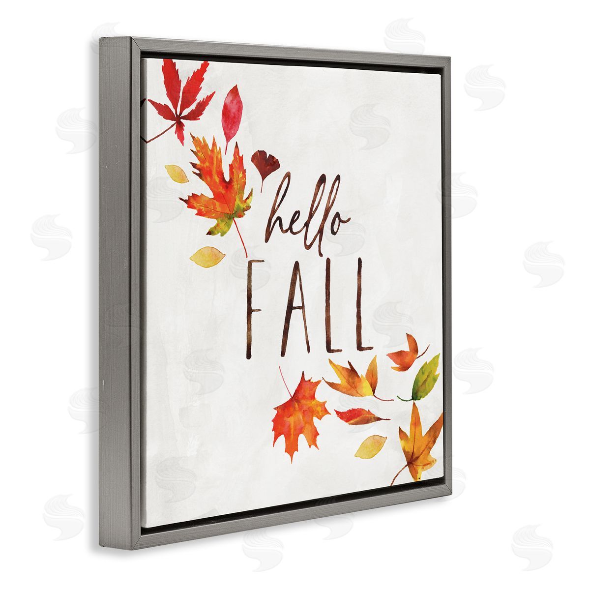 Nina Pierce Hello Fall Autumn Tree Leaves Seasonal Statement Gray Floating Frame Canvas Wall Art Print