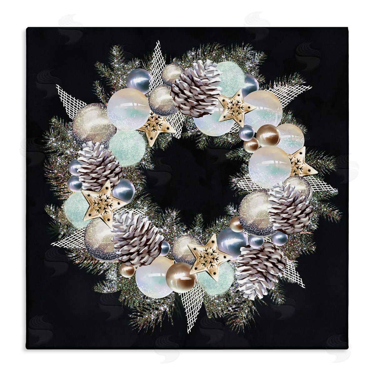 Ziwei Li Chic Winter Ornament Wreath Pinecone Glitz Stretched Canvas Wall Art Print