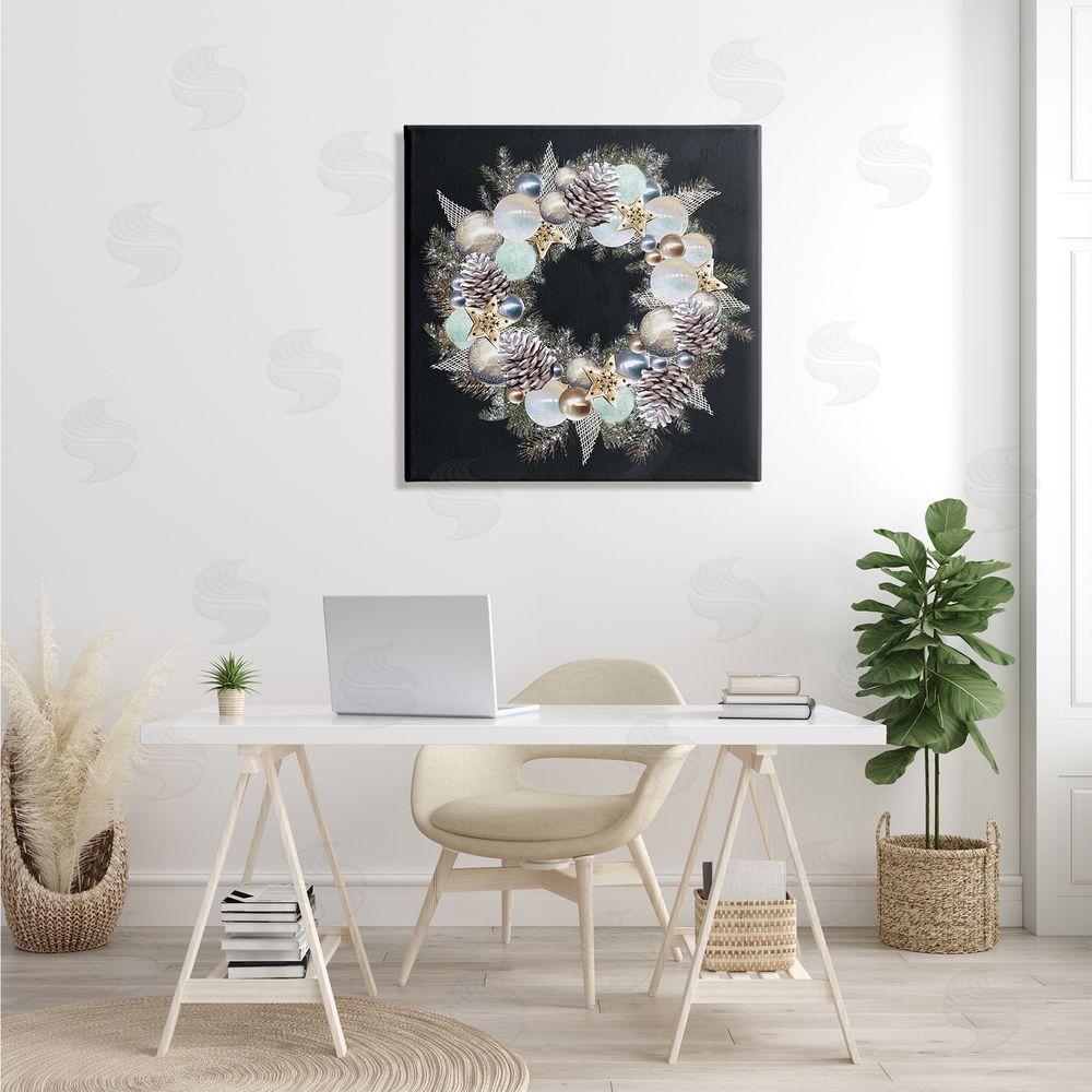 Ziwei Li Chic Winter Ornament Wreath Pinecone Glitz Canvas Wall Art in Room