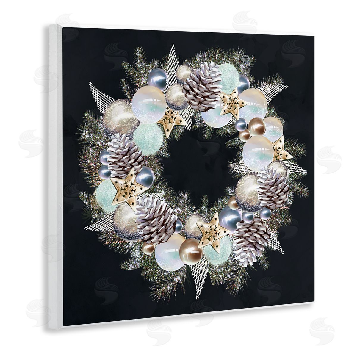 Ziwei Li Chic Winter Ornament Wreath Pinecone Glitz Wooden Wall Plaque Art Print