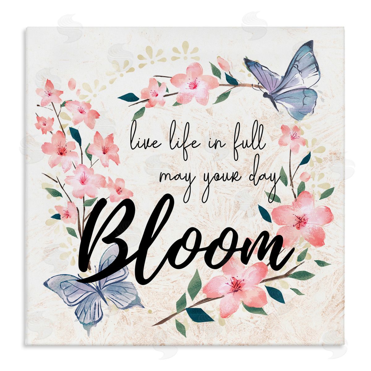 Ziwei Li May Your Day Bloom Quote Blue Butterflies Pink Blossoms Stretched Canvas Wall Art Print