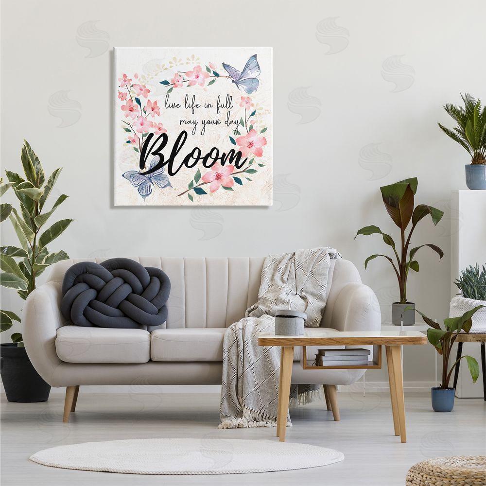 Ziwei Li May Your Day Bloom Quote Blue Butterflies Pink Blossoms Canvas Wall Art in Room