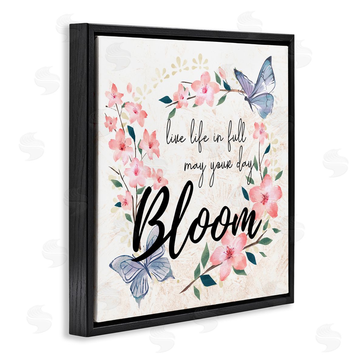 Ziwei Li May Your Day Bloom Quote Blue Butterflies Pink Blossoms Black Floating Frame Canvas Wall Art Print