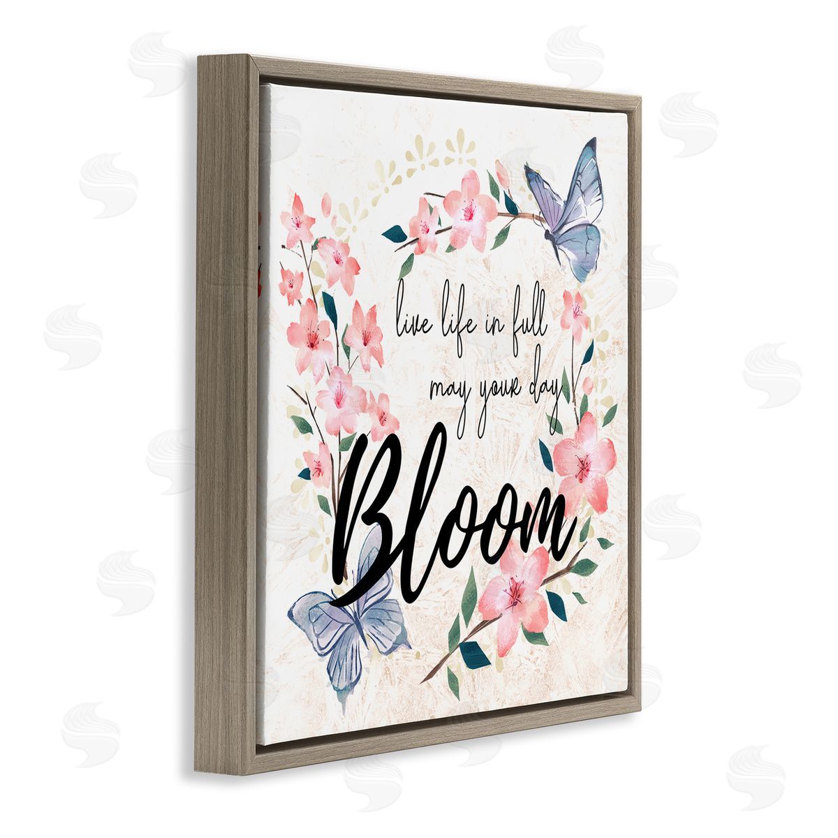 Ziwei Li May Your Day Bloom Quote Blue Butterflies Pink Blossoms Brown Floating Frame Canvas Wall Art Print